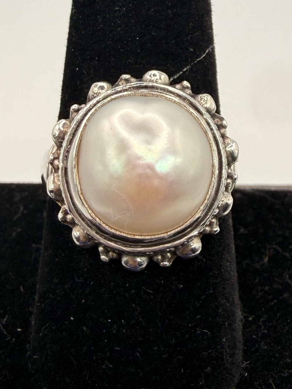 925 Sterling Silver Large Pearl Statement Ring Size 9